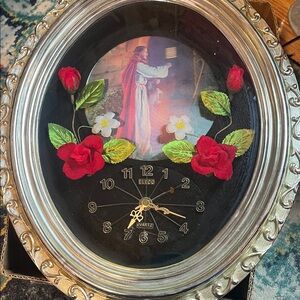 ELECO 1980s rare Jesus 3D Floral Red Rose Wall Clock needs TLC gold ornate
